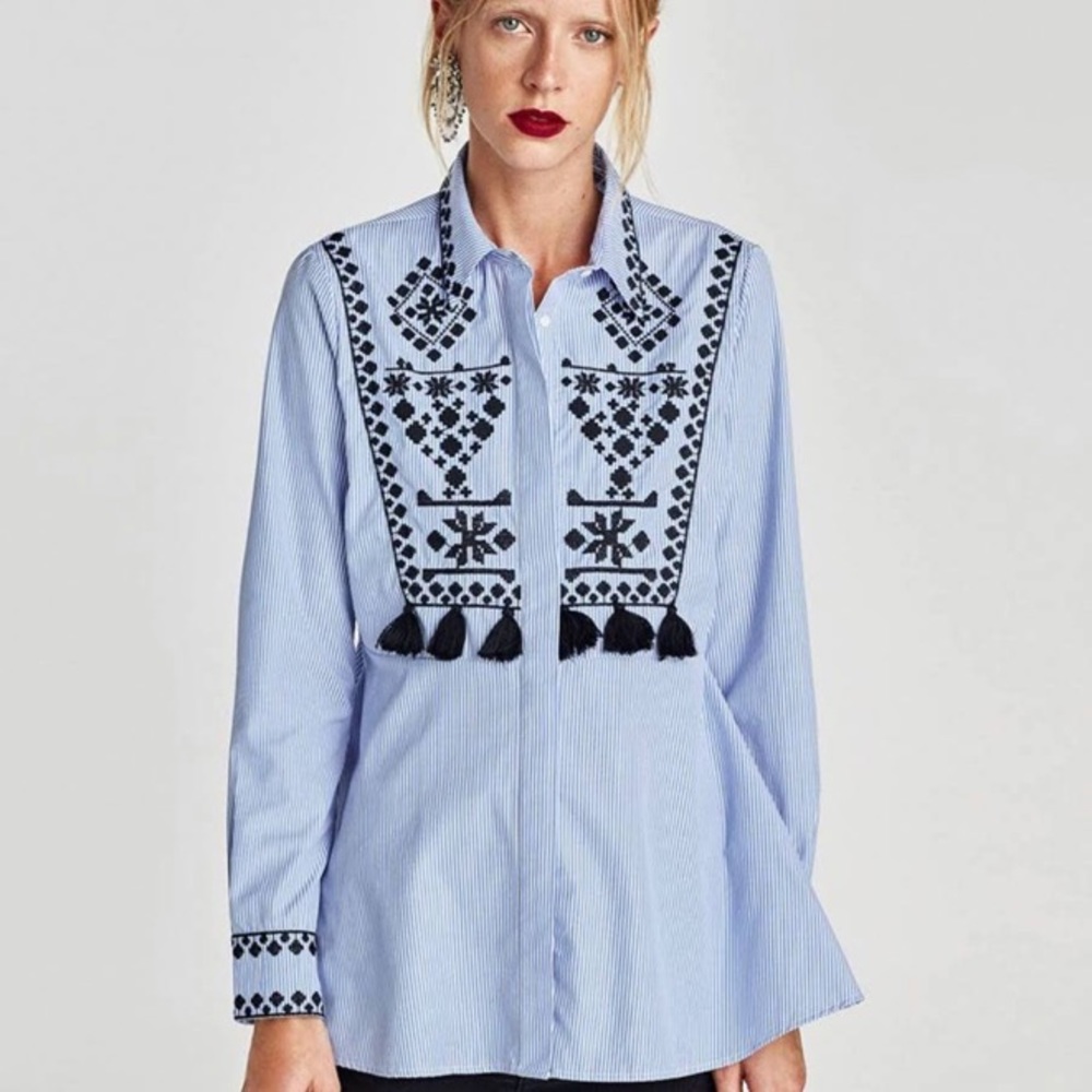 Zara Blue Striped Peplum Peasant Button Down Festival Boho Tassel Blouse